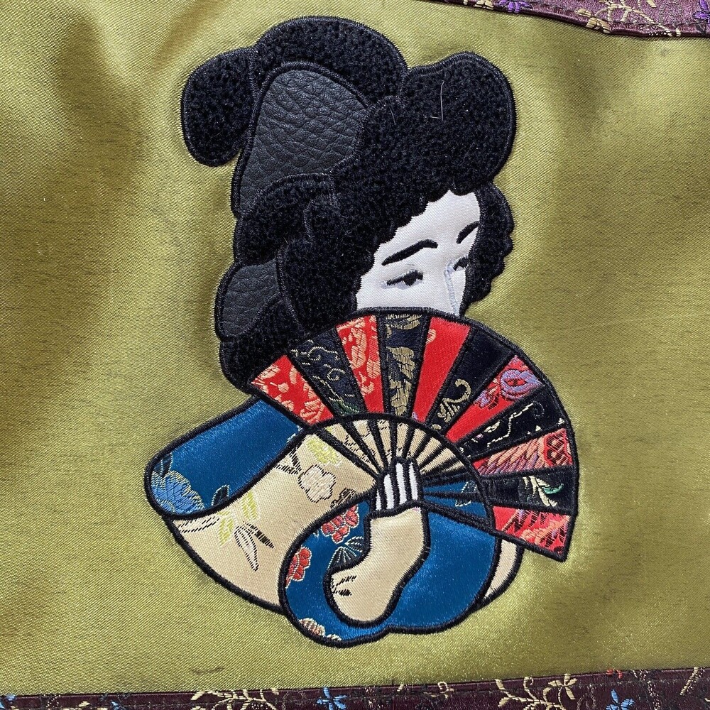 Geisha Shoulder Bag Jade Satin Embroidered Floral Black Leather Weekender Bueno - Picture 13 of 13